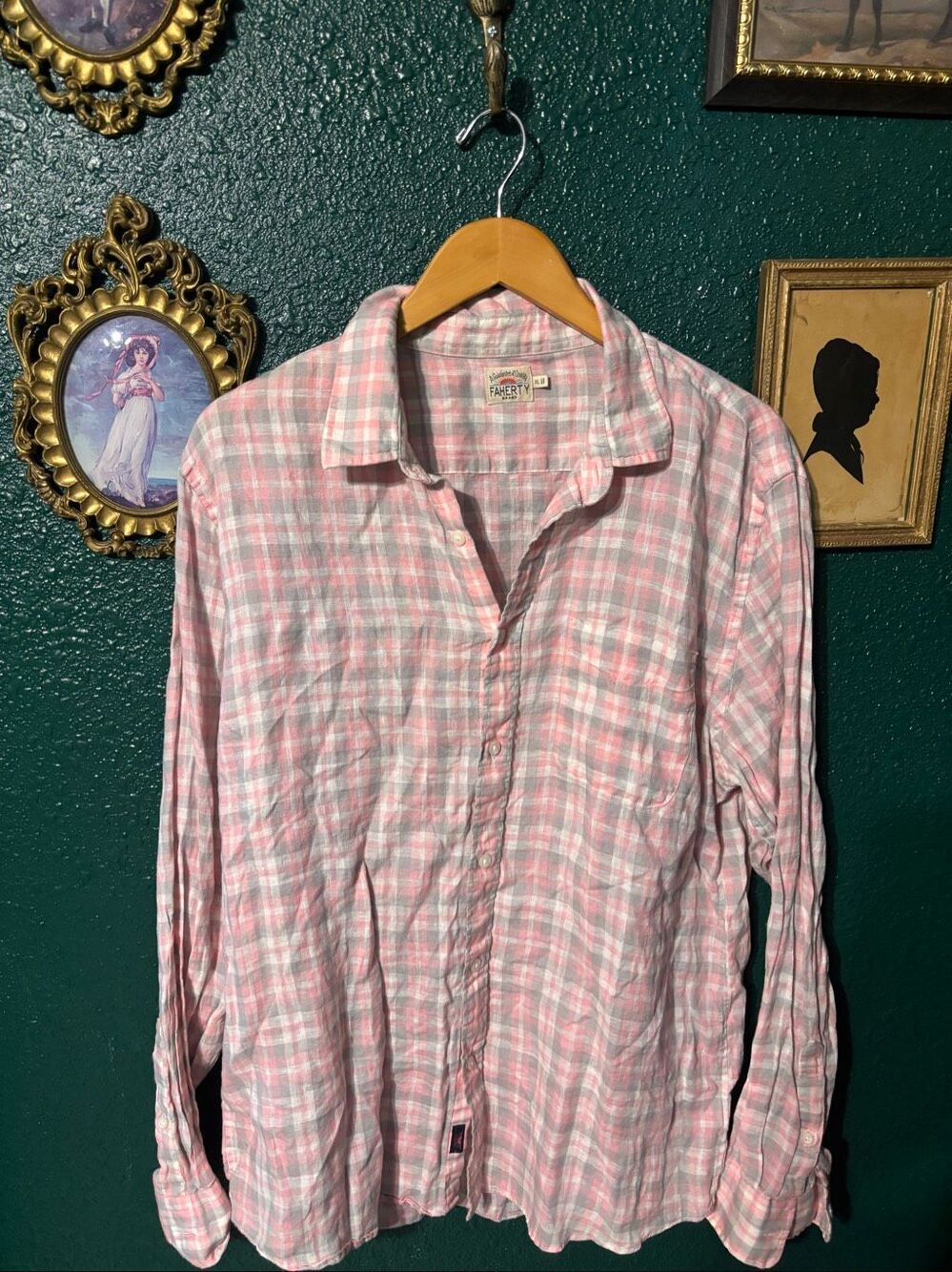 Faherty Men’s Plaid Long Sleeve Casual Button Down Shirt Sz XL Pink Gray Linen